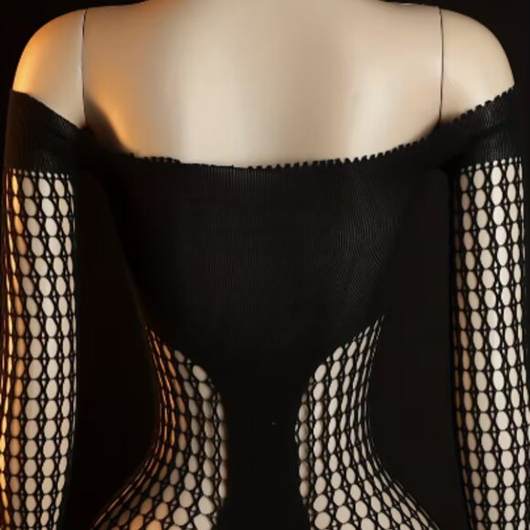 Black Hollow Pattern Bodycon Long-Sleeve Fishnet Cover-Up Dress - Picture 3 of 6